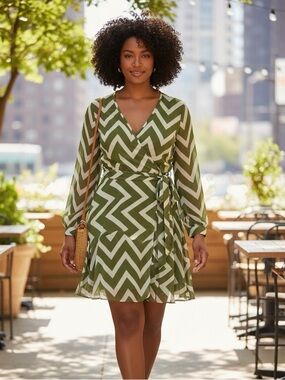 Espresso Green and Cream Chevron Faux Wrap Dress - Size XL